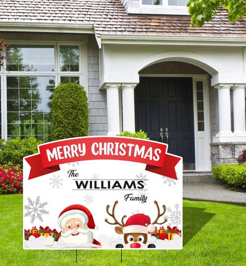 Discover Personalized Family Outdoor Merry Christmas Yard Sign, Santa & Reindeer Peeper, Holiday Decor, Christmas Decorations, Yard Decorations