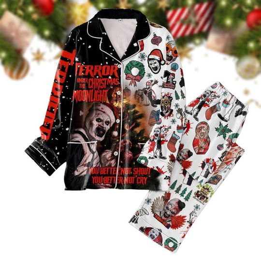 Discover Christmas Terrifier 3 Terror Pajamas Set, The Scary Clown Pj Set, Horror Characters Santa Hat Pj Set