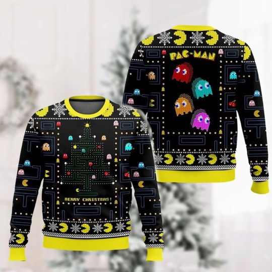 Discover Christmas Pac Man Ugly Sweater, 80S Arcade Game Pac Man Sweater, Vintage 80S Video Game Sweater Men