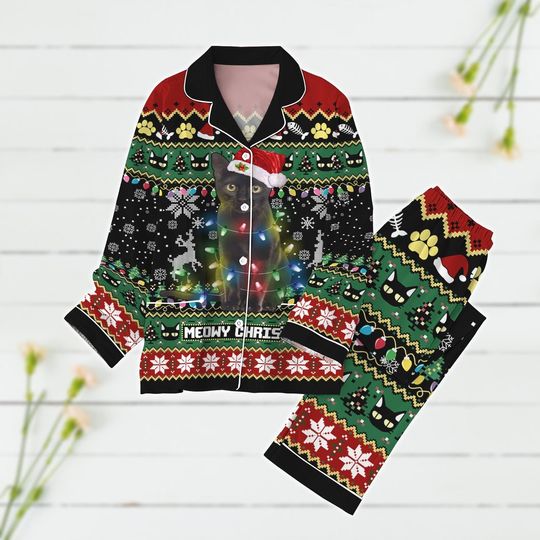 Discover Black Cat Christmas Pajamas, Meowy Christmas Pajamas Set