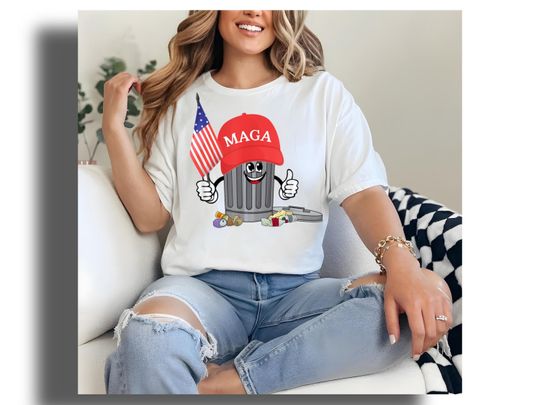 Discover Funny Trump Cartoon T-Shirt, MAGA Garbage Can with American Flag Tee