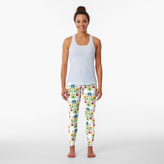 Discover Polish Folk Flowers Pink and Yellow Leggings