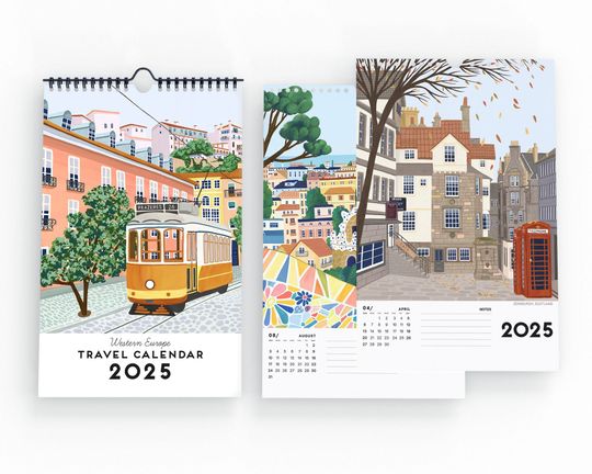 Discover 12 Months Wall Travel Calendar 2025 Europe Cities Paintings Christmas Gift Idea Modern