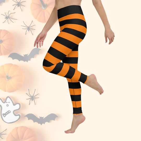 Discover Womens Yoga Leggings Halloween orange and black striped witch costume candy corn pants