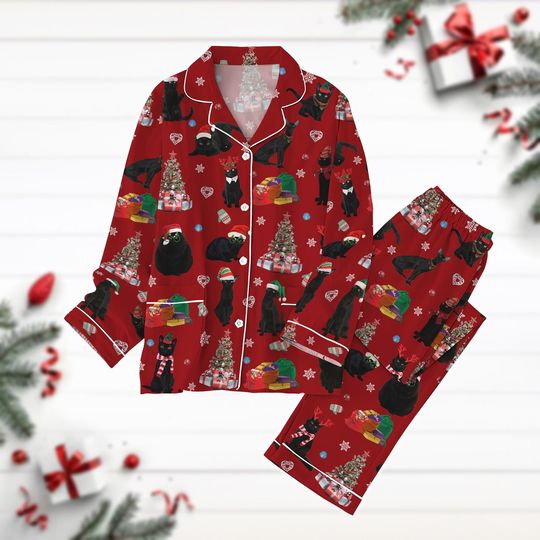 Discover Christmas Cat Pajamas Set, Black Cat Pyjamas, Christmas Tree Shirt