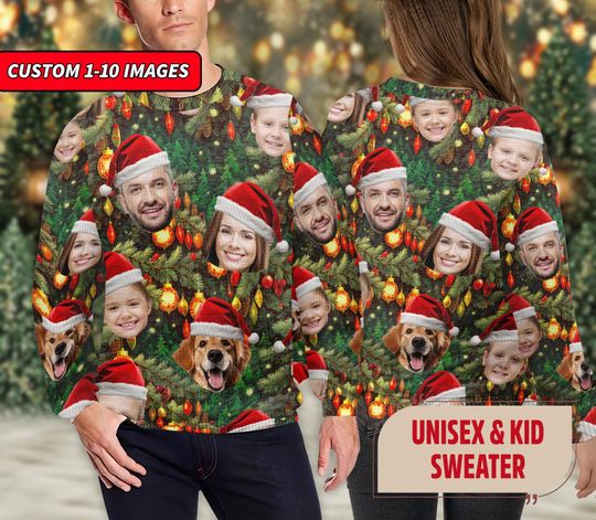 Discover Custom Christmas Ugly Sweater With Face Photo, Funny Family Friend Dog Cat Xmas