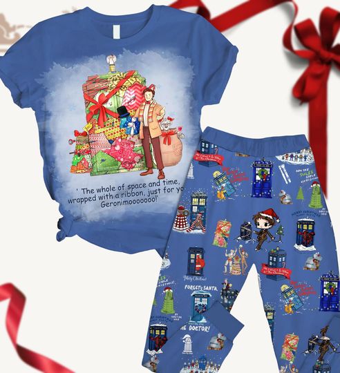 Discover Doctor Who Christmas Pajamas Set, Tardis Police Box T-Shirt Pants Set, TV Series Character Xmas Pj Set