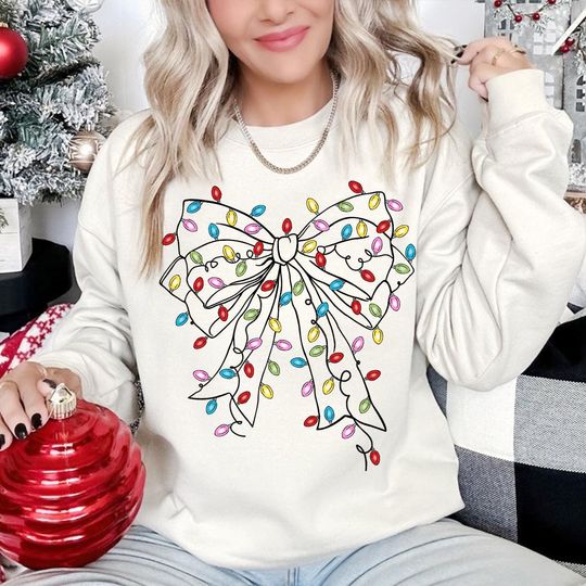 Discover Coquette Christmas Light Bow Sweatshirt, Christmas Bow Sweatshirt