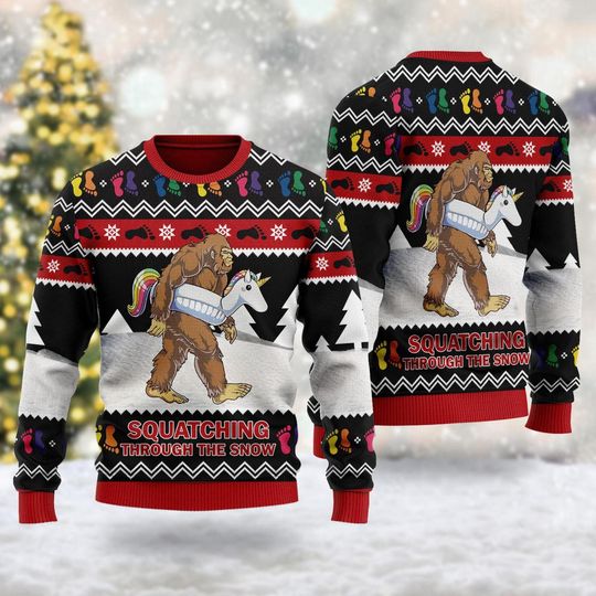 Discover Squatching Through Snow Quotes 3D T-shirt, Funny Monster Ugly Christmas Sweater