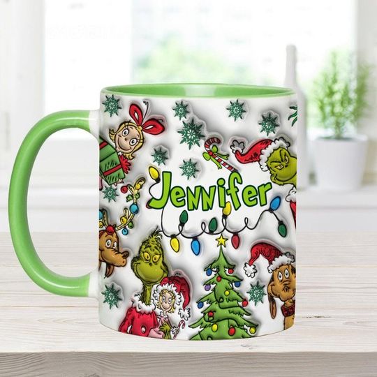 Discover Personalized Green Monster Family Accent Mug, Inflated Whoville Mug, Funny Merry Grin Mug