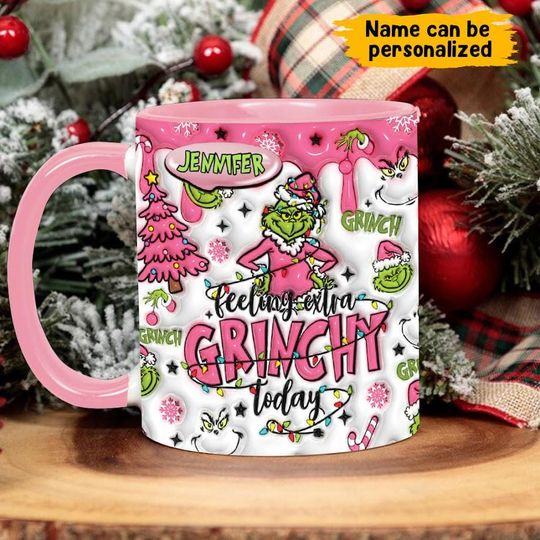Discover Personalized Feeling Extra Grin Today Accent Mug, Inflated Whoville Mug, Pink Grin Mug