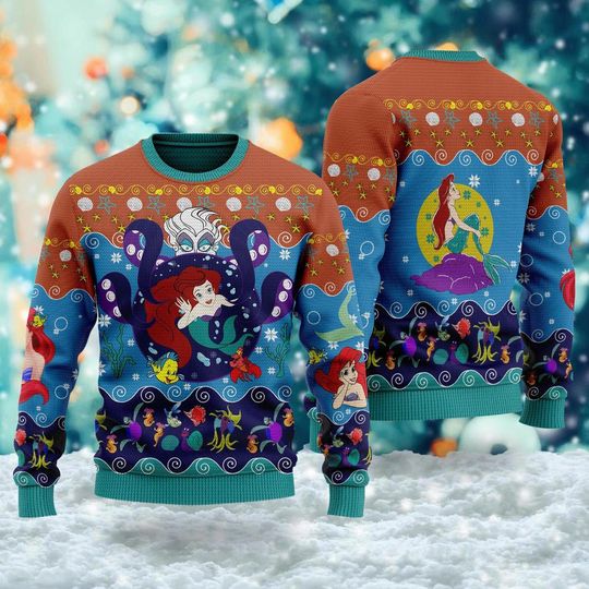 Discover The Little Princess 3D Ugly Christmas Sweater, Princess Mermaid Xmas Sweatshirt