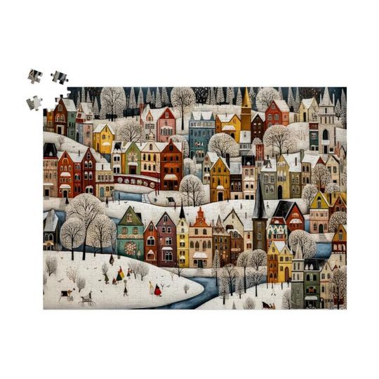 Discover Snowy Swedish Village Wooden Jigsaw Puzzle 500 Pieces: Charming Winter Landscape
