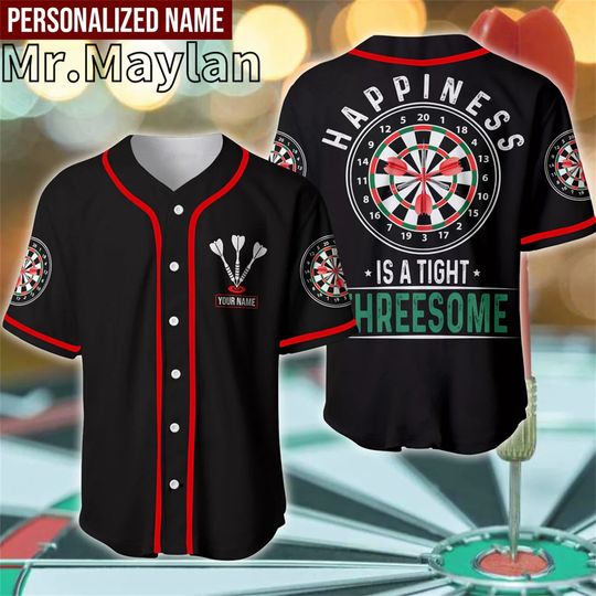 Discover 3D Darts Happiness Is A Tight Threesome Personalized Baseball Jersey Shirt