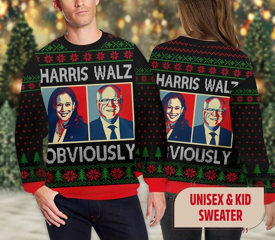 Discover Harris Walz 2024 Obviously Ugly Christmas Sweater, Kamala Harris gift