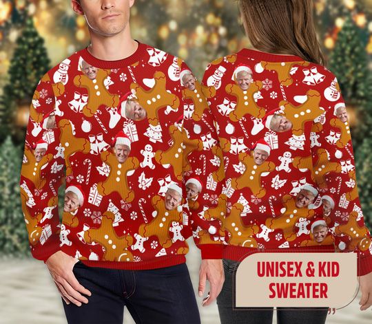 Discover Gingerbread Trump Face Christmas Ugly Sweater, Santa Trump 2024 Ugly Xmas Sweatshirt