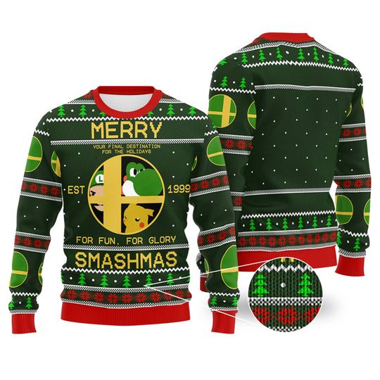 Discover Super Smash Bros Ugly Christmas Sweatshirt | Mario Yoshi PKM Pika Ugly Sweater
