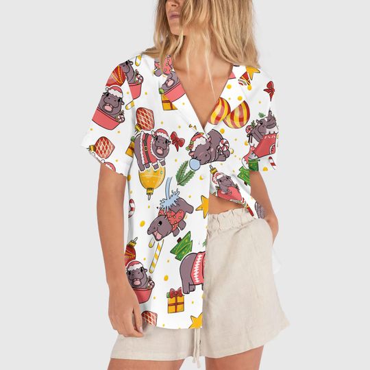 Discover Moo Deng Christmas Hawaiian Shirt Cute Moo Deng Hippo Christmas Hawaii