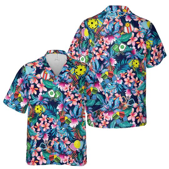 Discover Tropical Summertime Pickleball Symbol Pattern Hawaiian Shirt