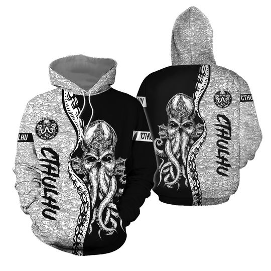 Discover Custom Personalized Black White Cthulhu Pattern 3D Hoodie