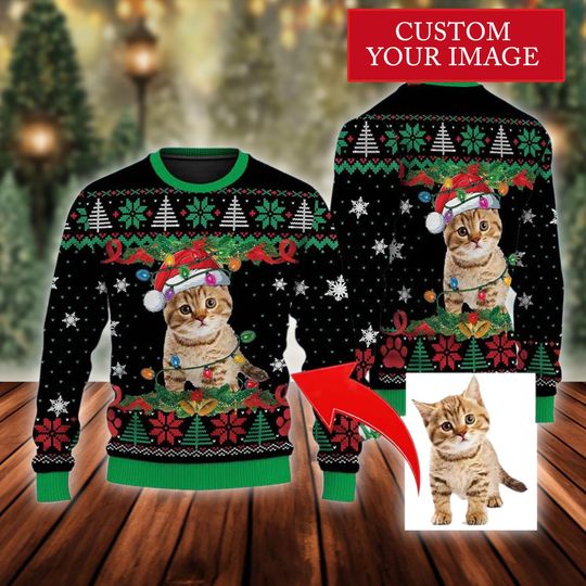 Discover Custom Meowy Ugly Christmas Sweatshirt, Pet Photo Ugly Christmas Sweater
