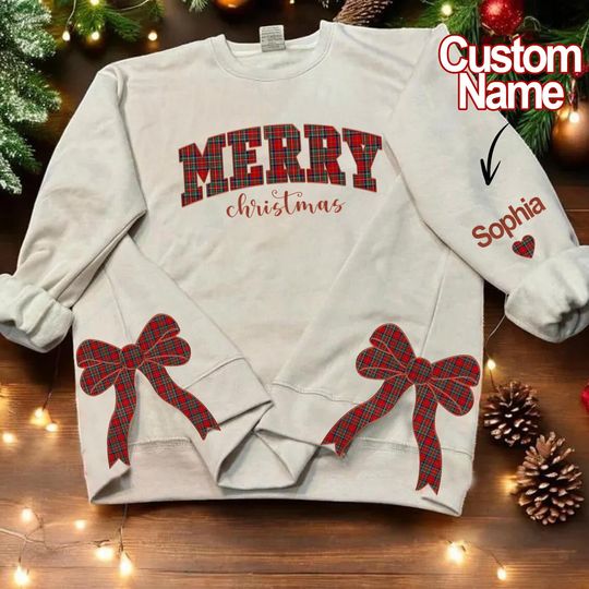 Discover Custom Side Bow Cut-Out Sweatshirt, Merry Side Bow Sweatshirt, Plaid Christmas Sweatshirt