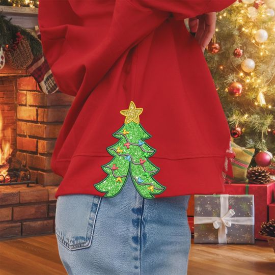 Discover Christmas Tree Glitter Side Bow Sparkle Coquette Side Bow Design, Christmas Tree Appliqu Sweatshirt Embroidery