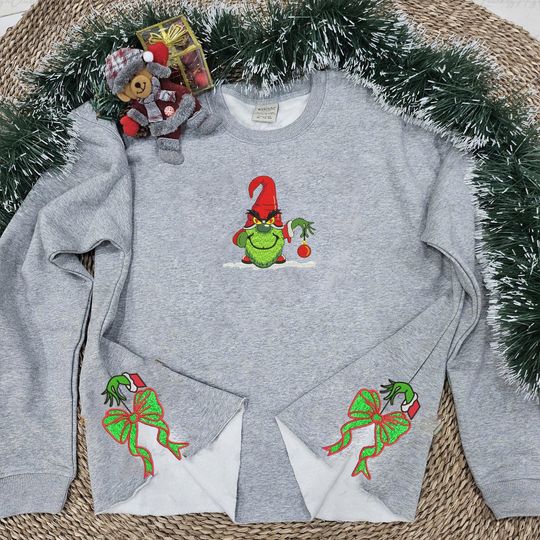 Discover Green Monster Christmas Embroidery Sweatshirt, Christmas Side Bow Sweatshirt, Merry Xmas, Xmas Sweatshirt