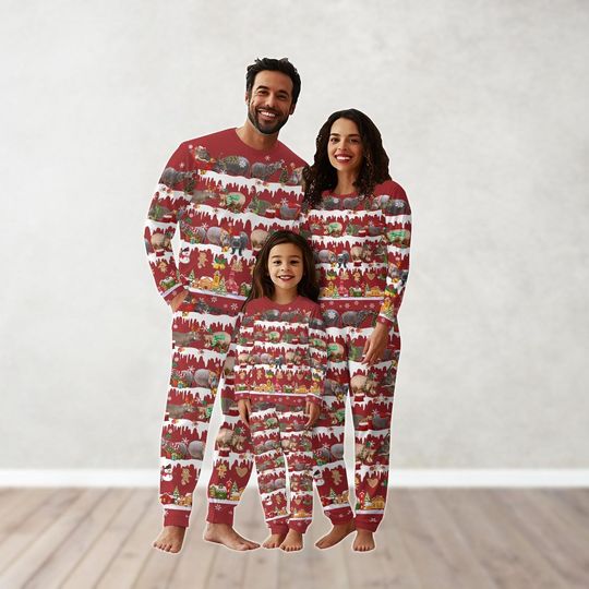 Discover Hippo Matching Family Pajamas Set, Hippo Santa Hat Xmas Pajamas
