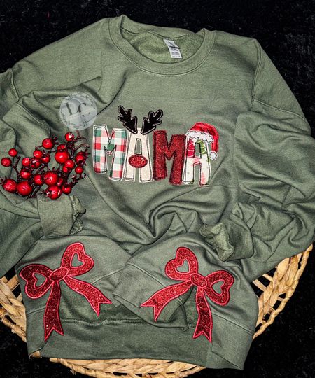 Discover Mama Christmas Side Bow Sweatshirt | Customizable To Any Name | Christmas Apparel |