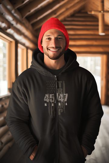 Discover Trump 45/47 US Flag Full Zip Hooded Sweatshirt