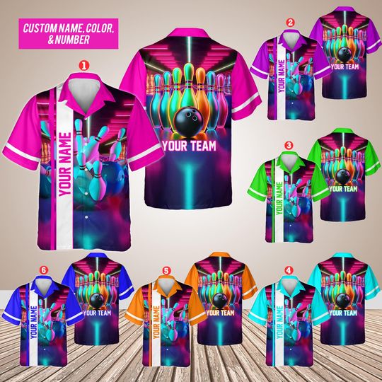 Discover Personalized Neon Bowling Hawaiian Shirt for Men Women Kid Youth