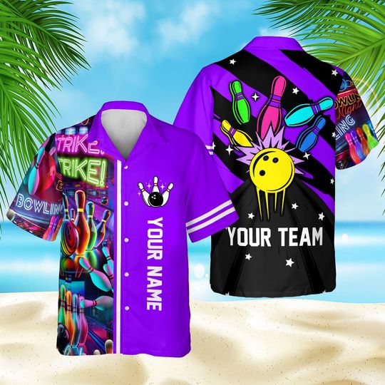 Discover Personalized Neon Bowling Hawaiian Shirt for Men Women Kid Youth