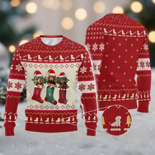 Discover Three Dachshund Dog In Xmas Sock Ugly Sweater