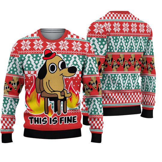 Discover This Is Fine Meme Ugly Christmas Sweater, Cute Dog Meme Tee, Dog Lover Xmas Gift