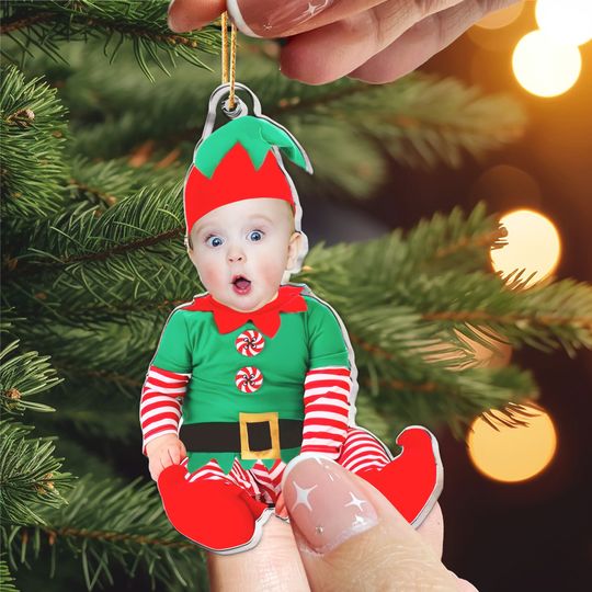 Discover Adorable Newborn Baby Elf - Personalized Babys Photo First Christmas Ornament