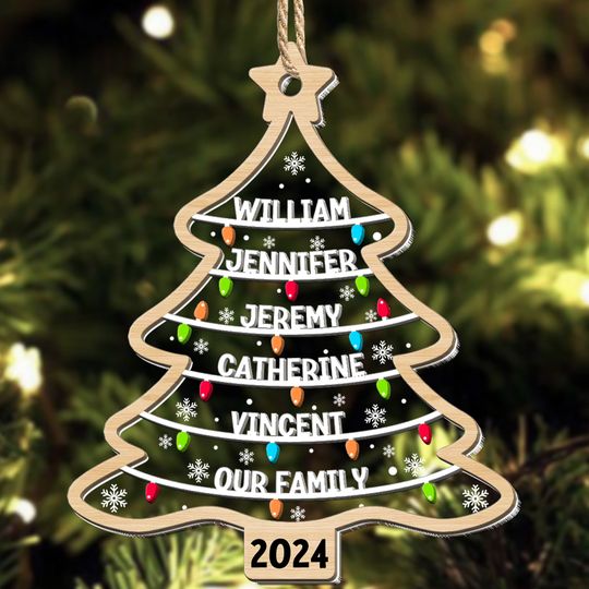 Discover Custom Family Names Christmas Tree - Personalized Wood And Acrylic Ornament