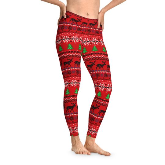 Discover Christmas Reindeer Stretchy Leggings, Ugly Holiday Party Pants, Festive Workout Leggins