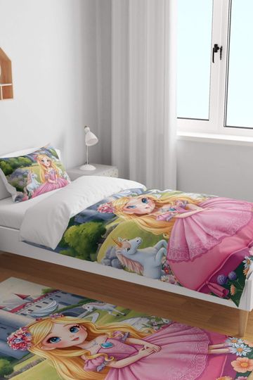 Discover Princess Dreams Bedding Set  Featuring a Little Princess in a Pink Dress with a Royal Palace Backdrop | Soft & Cozy for Your Childs Room