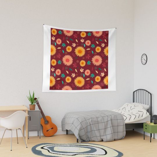 Discover Fall Yellow & Pink Sunflowers - Burgundy Tapestry