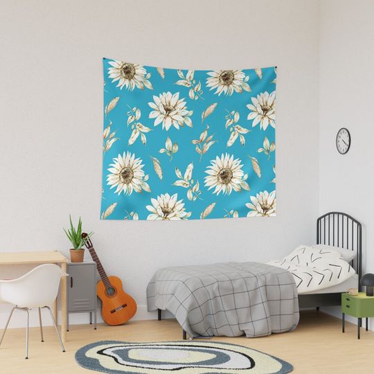 Discover Elegant White Sunflowers Pattern On Rustic Blue Tapestry
