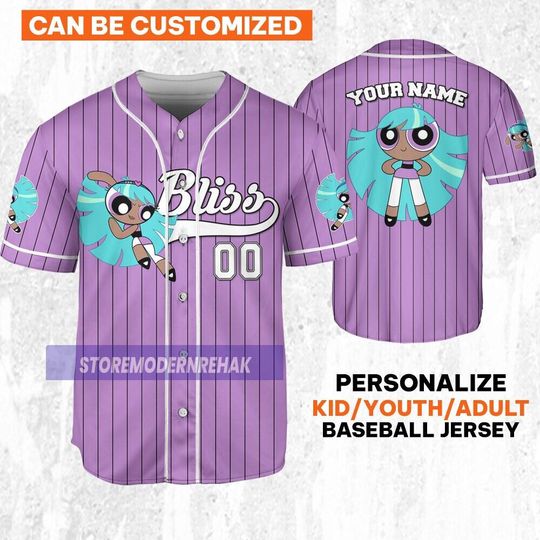Discover Personalize Bliss Jersey Violet Black, Funny Powerpuff Girls 90s Baseball Jersey, Birthday Gift For Fans