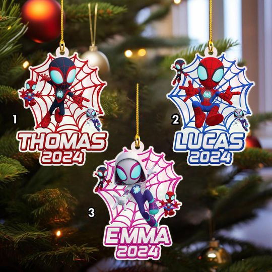 Discover Personalized Superhero Ornament, Spider and Friends Xmas Ornament Shape Fan Gifts, Customized 2024 Christmas Tree Decor Gift For Kid
