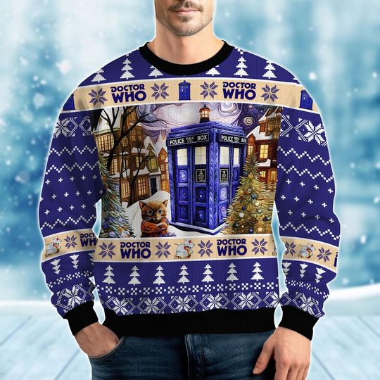Discover Doctor Who Ugly Sweater, Dr Who Tardis Police Box Christmas Sweater, TV Series Xmas Sweater