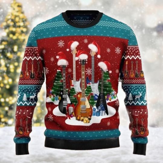 Discover Electric Guitar Christmas Ugly Sweater, Guitarist Music Lovers Gift, Santa Guitar Xmas
