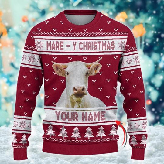 Discover Custom Name Charolais Mare Y Christmas Ugly Sweater, Farm Ugly Christmas Sweater