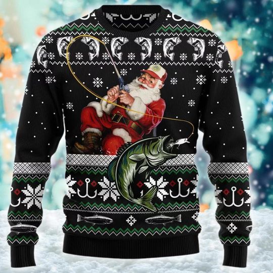 Discover Santa Claus Fishing Merry Ugly Christmas Sweater, Fishing Christmas Ugly Sweater