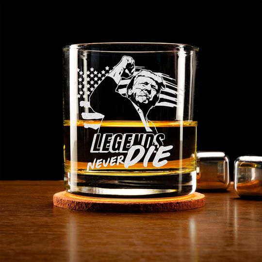 Discover Engraved Trump Legends Never Die Glass - 45 47 Trump Gift for Whiskey Lovers