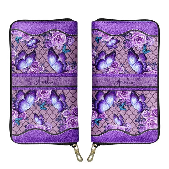 Discover Personalized Butterfly Rose Purple Leather Wallet
