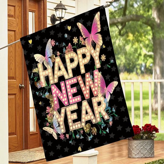 Discover Happy New Year 2025 Wildflower Butterfly House Flag, New Years Eve Garden House Flag